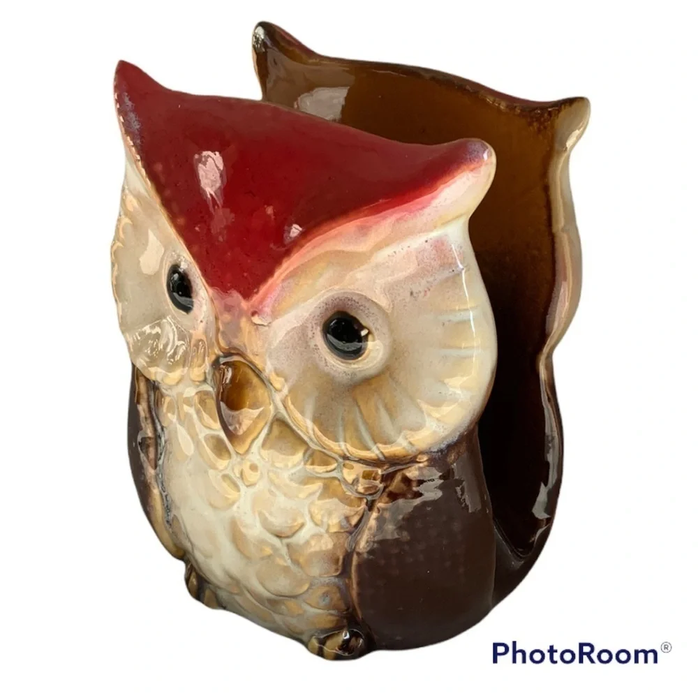 Owl Napkin Holder Hand Painted Glazed Ceramic Rustic Fall Autumn Colors